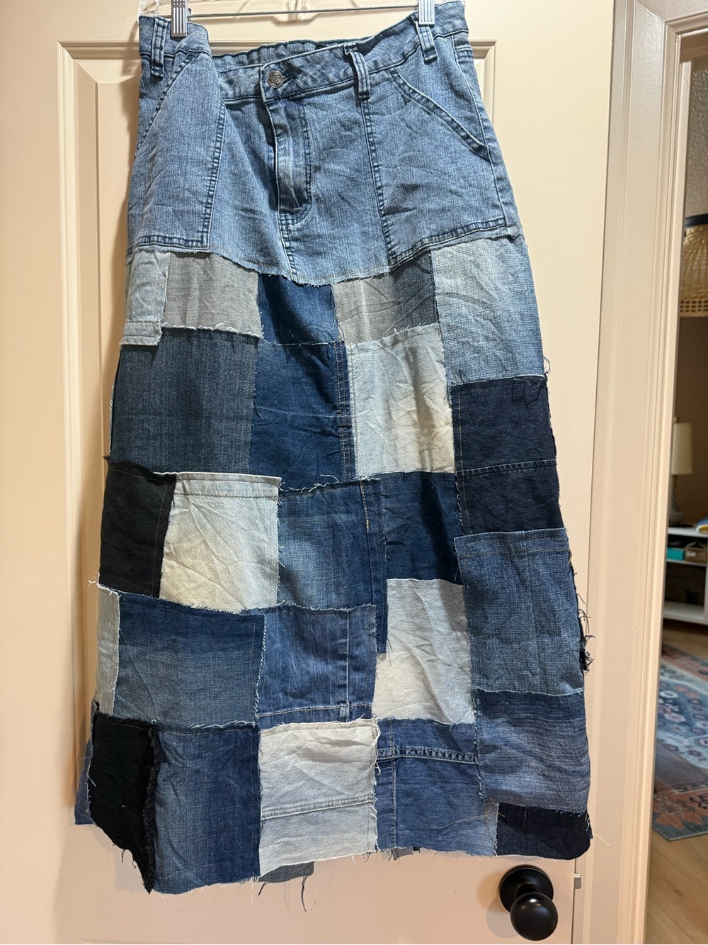 Upcycled Patchwork Indigo Denim Jeans Skirt - Blue